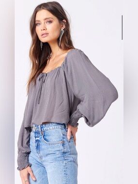 Saltwater luxe gray flowy voluminous long sleeve blouse tie neck sz medium NWT